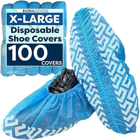 Buena Goods 100 Pack Extra Large Disposable Blue Boot and Shoe Covers - Indoor Reusable Shoe Covers Disposable - Non Slip Booties - Fits US Men's Size 14 and Women's 16 Size - Image 1