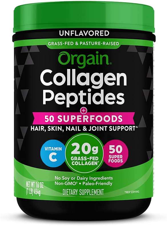 Orgain Hydrolyzed Collagen Powder + 50 Organic Superfoods For Women & Men, 20g Grass Fed Collagen with Vitamin C, Unflavored - Hair, Skin, Nail, & Joint Support Supplement, Non-GMO, Type I & III, 1lb - Image 1