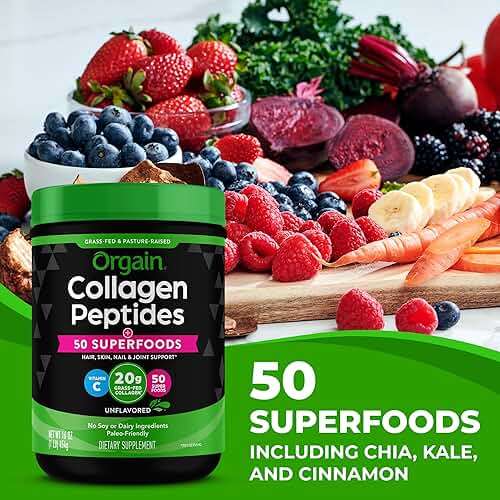 Orgain Hydrolyzed Collagen Powder + 50 Organic Superfoods For Women & Men, 20g Grass Fed Collagen with Vitamin C, Unflavored - Hair, Skin, Nail, & Joint Support Supplement, Non-GMO, Type I & III, 1lb - Image 5