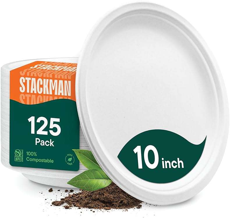 100% Compostable Disposable Paper Plates [125-Pack] - (PFAS-Free) - [10 Inch] Heavy Duty, Eco-Friendly, Biodegradable Bagasse Dinner Plates - Natural Brown 10" Plate by Stack Man (BPI Certified) - Image 2