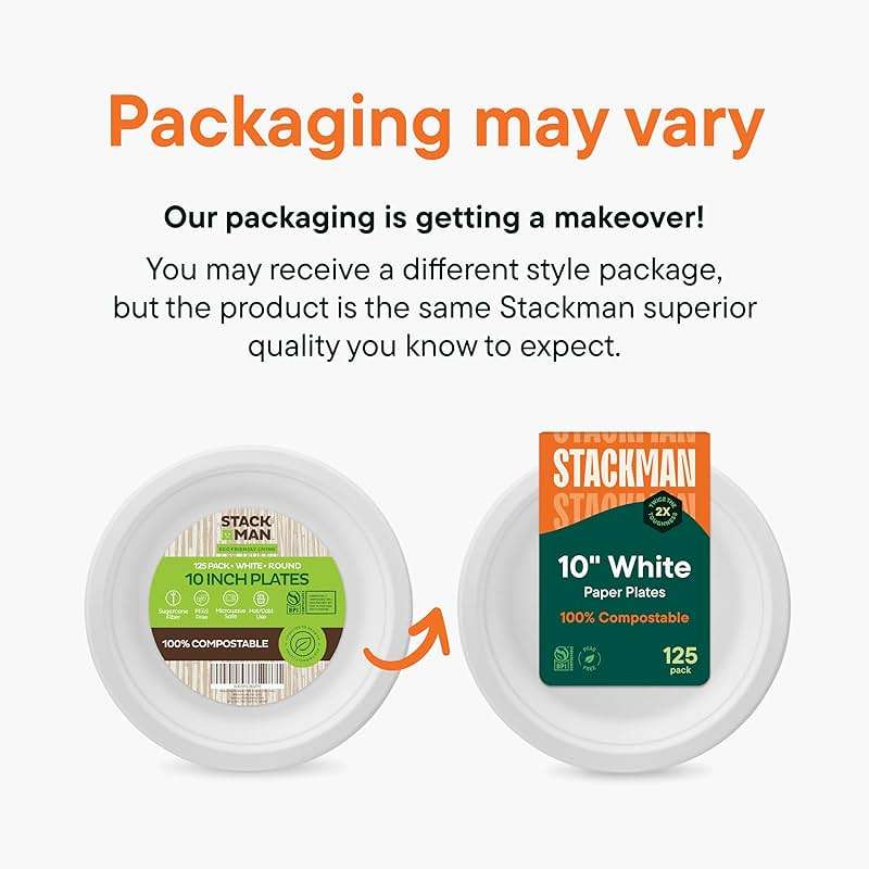 100% Compostable Disposable Paper Plates [125-Pack] - (PFAS-Free) - [10 Inch] Heavy Duty, Eco-Friendly, Biodegradable Bagasse Dinner Plates - Natural Brown 10" Plate by Stack Man (BPI Certified) - Image 7