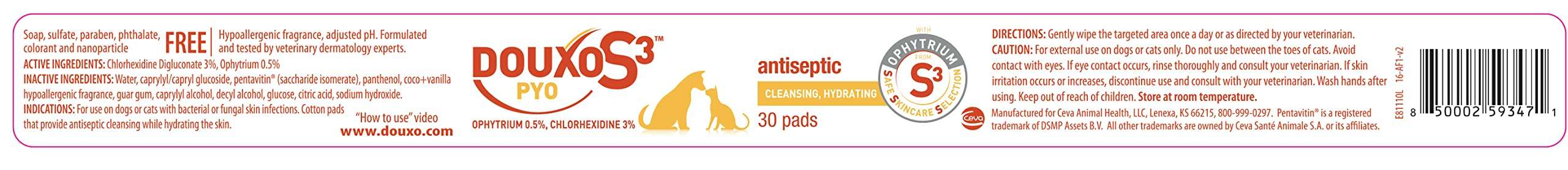 Douxo S3 PYO Pads, 3% Chlorhexidine Wipes for Dogs and Cats, Antiseptic Dog Wipes For Bacterial or Yeast Skin Infections, 0.5% Ophytrium Clinically Proven, 30 Pads - Image 8