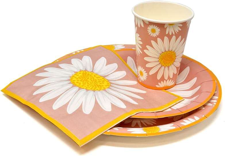 Gift Boutique Daisy Flower Party Supplies Tableware Set 9" 7" Paper Plates Cups Napkins Floral Summer Spring Groovy Birthday Disposable Dinnerware Serves 24 - Image 2