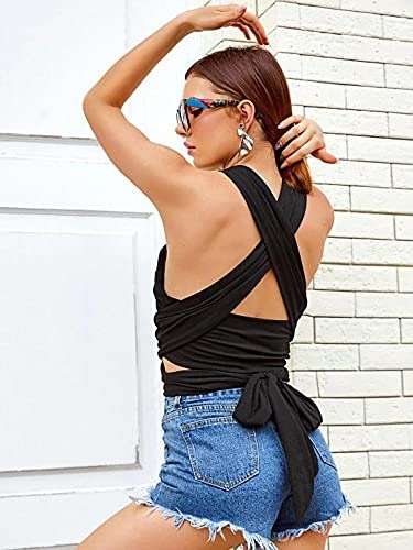 ZAFUL Womens Ribbed Halter Crop Top Ruched Lace-up Cropped Cami Bandana Top Criss Cross Wrap Print Tank Top - Image 3