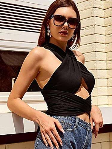 ZAFUL Womens Ribbed Halter Crop Top Ruched Lace-up Cropped Cami Bandana Top Criss Cross Wrap Print Tank Top - Image 4