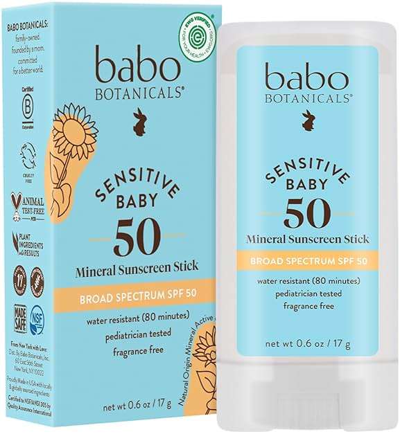 BABO Botanicals Sensitive Baby Mineral Sunscreen Stick SPF 50-70% Organic Ingredients - Zinc Oxide - NSF & Made Safe Certified - EWG Verified - Water Resistant - Fragrance-Free - for Babies & Kids - Image 1