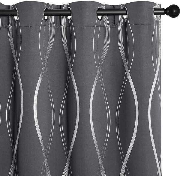 NICETOWN Grey Blackout Striped Pattern Curtains for Living Room 84 inch Long 2 Panels Set, Noise Reducing Thermal Insulated Wave Line Foil Print Bedroom Drapes for Patio Sliding Glass Door (52 x 84) - Image 1