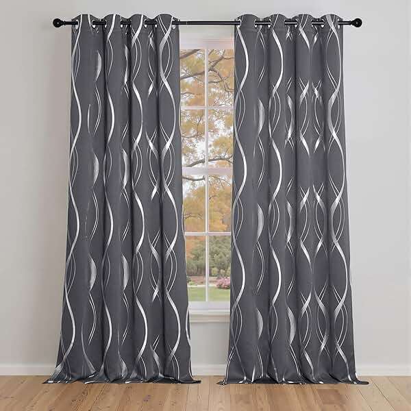 NICETOWN Grey Blackout Striped Pattern Curtains for Living Room 84 inch Long 2 Panels Set, Noise Reducing Thermal Insulated Wave Line Foil Print Bedroom Drapes for Patio Sliding Glass Door (52 x 84) - Image 2