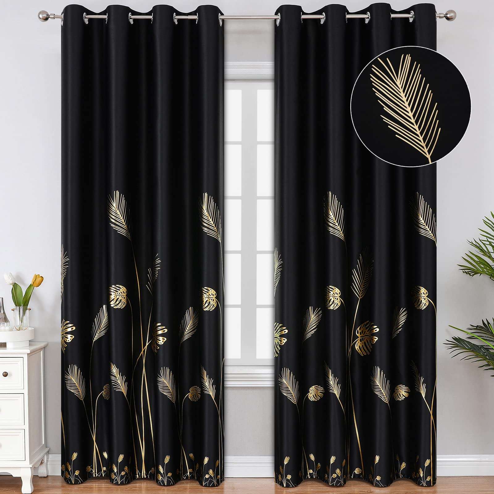 Estelar Textiler Black Blackout Curtains for Bedroom 84 Inches Long, Room Darkening Grommet Thermal Insulated Curtains for Living Room, Light Blocking Drapes with Gold Print Design,52Wx84L,2 Panels - Image 1