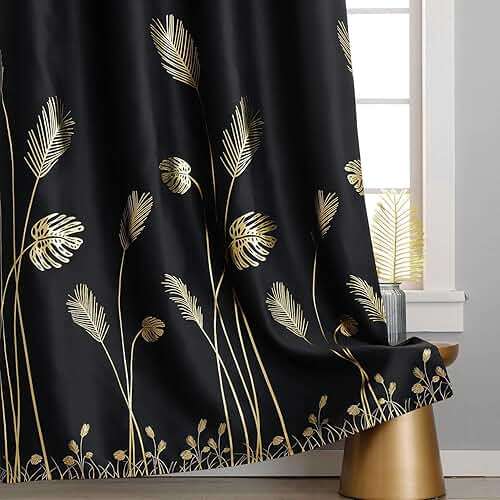 Estelar Textiler Black Blackout Curtains for Bedroom 84 Inches Long, Room Darkening Grommet Thermal Insulated Curtains for Living Room, Light Blocking Drapes with Gold Print Design,52Wx84L,2 Panels - Image 7
