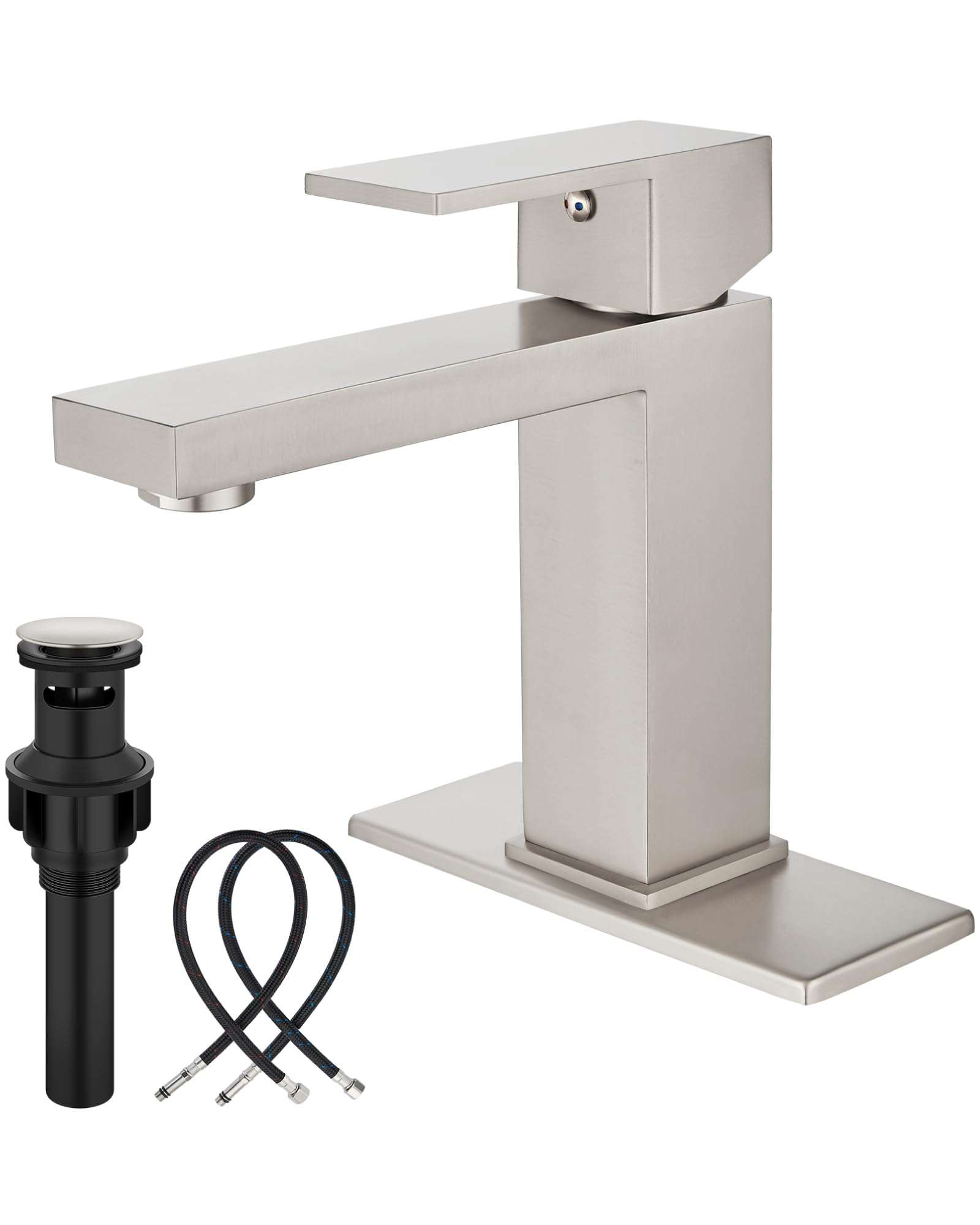Midanya Bathroom Faucets 1 Hole, Single Handle Stainless Steel Bathroom Sink Faucet, Modern Vanity Faucets with Deck Plate,Water Supply Hoses and Pop Up Drain,Brushed Nickel - Image 1