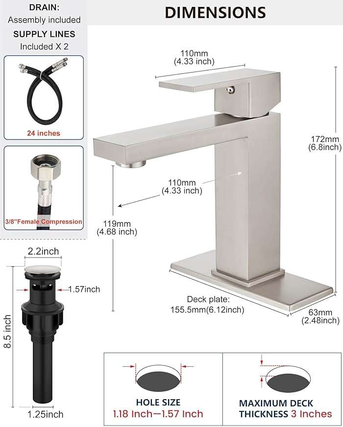 Midanya Bathroom Faucets 1 Hole, Single Handle Stainless Steel Bathroom Sink Faucet, Modern Vanity Faucets with Deck Plate,Water Supply Hoses and Pop Up Drain,Brushed Nickel - Image 3