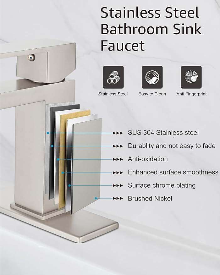 Midanya Bathroom Faucets 1 Hole, Single Handle Stainless Steel Bathroom Sink Faucet, Modern Vanity Faucets with Deck Plate,Water Supply Hoses and Pop Up Drain,Brushed Nickel - Image 7