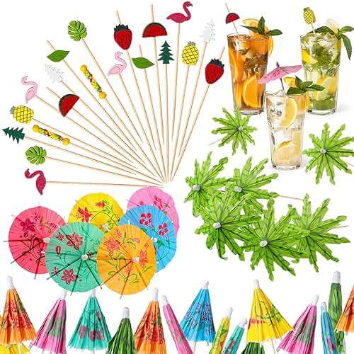 160 Pcs Cocktail Drink Decoration Accessories 60 Drink Cocktail Umbrellas 100 Fruit Picks Summer Coconut Palm Colorful Bamboo Toothpicks Tropical Luau Hawaiian Beach Party Decorations - Image 1