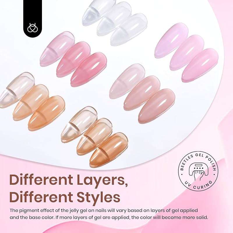 Beetles Sheer Elegance Nude Gel Nail Polish Set - 6 Colors Jelly Gel Polish Kit Milky White Nude Pink Brown Nail Concealer Translucent Effect Soak Off Uv French Nail Art Gift for Women - Image 2