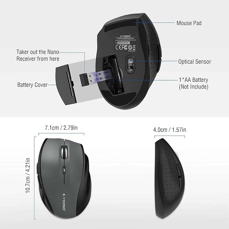 E-YOOSO Wireless Mouse for Laptop, Portable Optical Computer Mouse, 6 Buttons, Cordless 2.4GHz with USB Receiver, 5-Level 4800 DPI, 18 Months Battery Life for PC Chromebook Windows Mac - Image 4