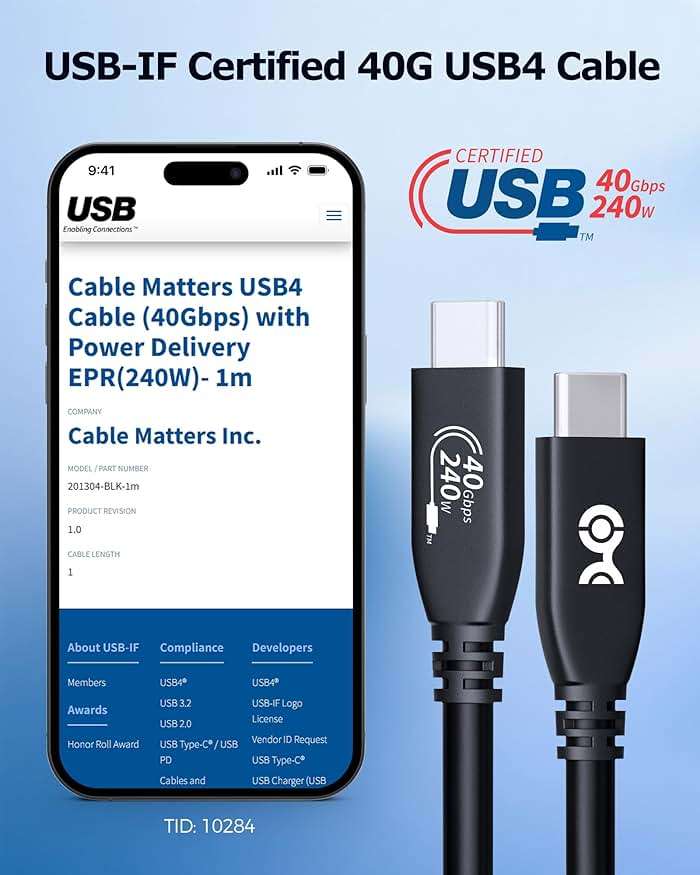 Cable Matters [USB-IF Certified] 40Gbps USB 4 Cable - 3.3ft, Supports Up to [8K@60Hz / 4K@240Hz Video, 240W Charging, 40Gbps Data Transfer] USB4 Cable, Black, Compatible with Thunderbolt 4, MacBook - Image 2