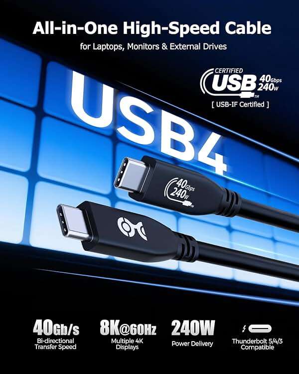 Cable Matters [USB-IF Certified] 40Gbps USB 4 Cable - 3.3ft, Supports Up to [8K@60Hz / 4K@240Hz Video, 240W Charging, 40Gbps Data Transfer] USB4 Cable, Black, Compatible with Thunderbolt 4, MacBook - Image 3