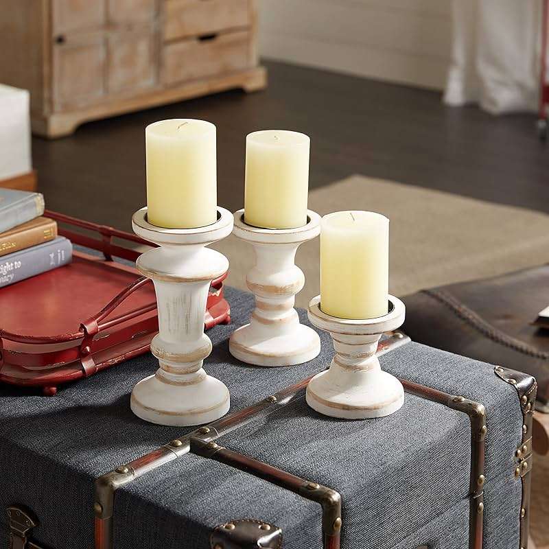 Deco 79 Wood Decorative Candle Holder Candle Stand, Set of 3 Candlestick Holder 8", 6", 4"H, White - Image 2
