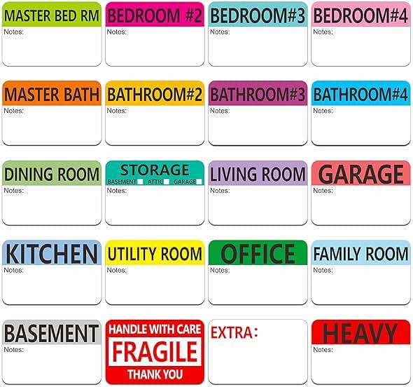Hebayy 500 pcs 20 Designs Pre-Printed Color-Coded Home Moving Packing Box Labels with Writable Notes Areas, Each Measures 2” x 3” - Image 1