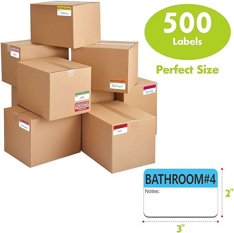 Hebayy 500 pcs 20 Designs Pre-Printed Color-Coded Home Moving Packing Box Labels with Writable Notes Areas, Each Measures 2” x 3” - Image 3