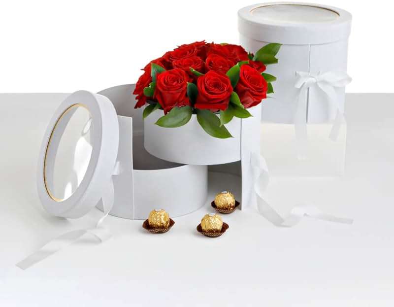 UNIKPACKAGING Premium Quality Round Flower/Gift Box 2 TIER w Lid, Size 7.8 dia x 7 inch for Luxury Arrangements (White) - Image 1