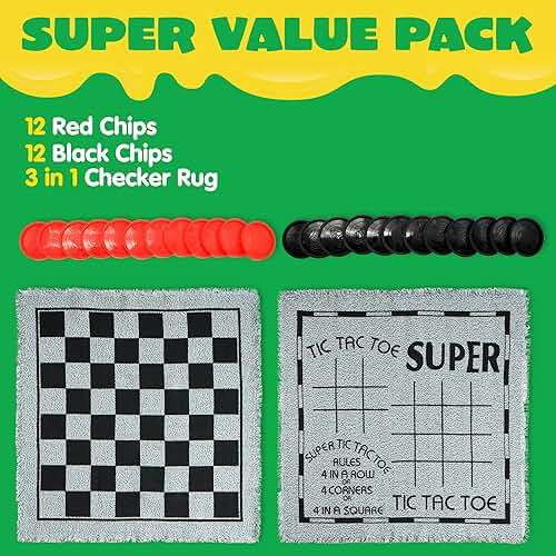 3-in-1 Vintage Giant Checkers, Tic, Tac, Toe, with Reversible Mat, 24 Chips, Family Board Game, Lawn Game, BBQ Party Favor, Indoor and Outdoor Activity for Kids and Adults - Image 3