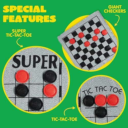 3-in-1 Vintage Giant Checkers, Tic, Tac, Toe, with Reversible Mat, 24 Chips, Family Board Game, Lawn Game, BBQ Party Favor, Indoor and Outdoor Activity for Kids and Adults - Image 4