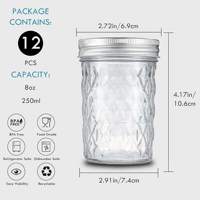 YEBODA 12 Pack Mason Jars 8 oz Glass Jars with Lids and Bands Canning Jars Ideal for Preserving, Jam, Honey, Jelly, Wedding Favors, Shower Favors, Sauces, Yogurt, DIY Spice Jars - Image 3