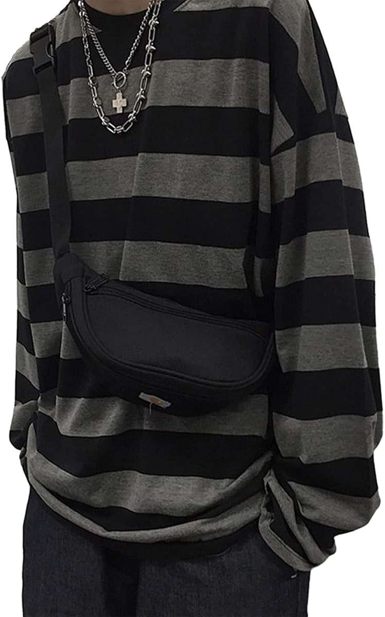 Women Harajuku Oversized Stripe Casual Long Sleeves Crewneck T-Shirt Tee Tops - Image 1