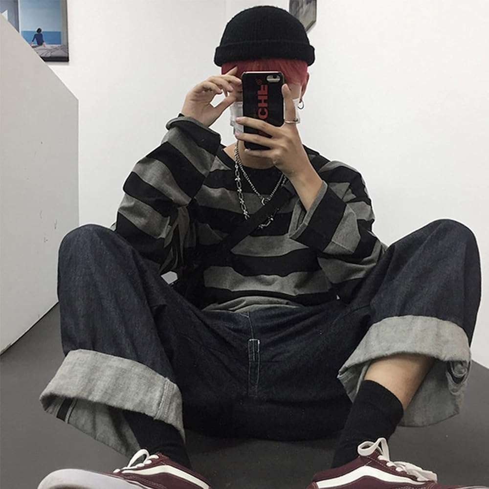Women Harajuku Oversized Stripe Casual Long Sleeves Crewneck T-Shirt Tee Tops - Image 2