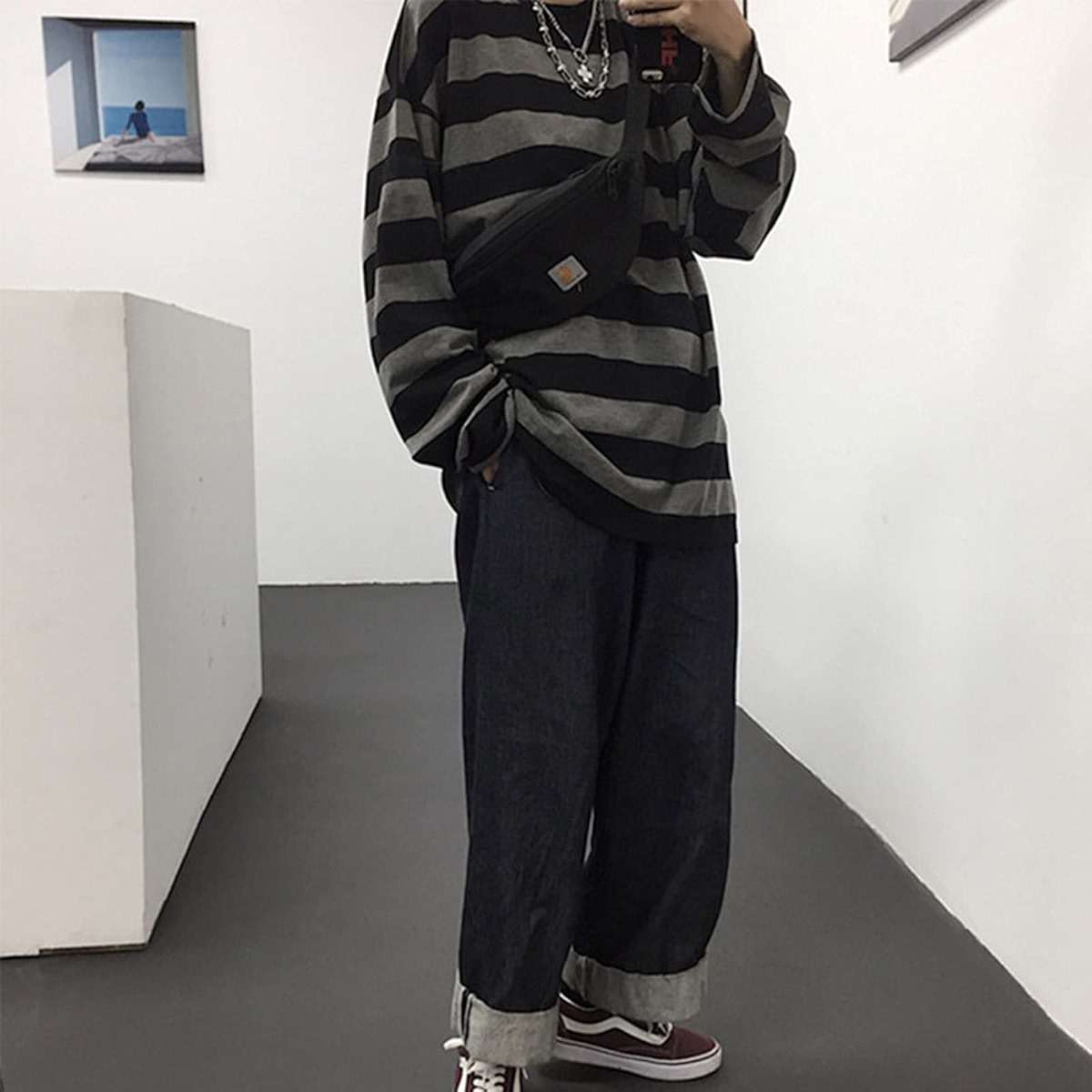 Women Harajuku Oversized Stripe Casual Long Sleeves Crewneck T-Shirt Tee Tops - Image 3