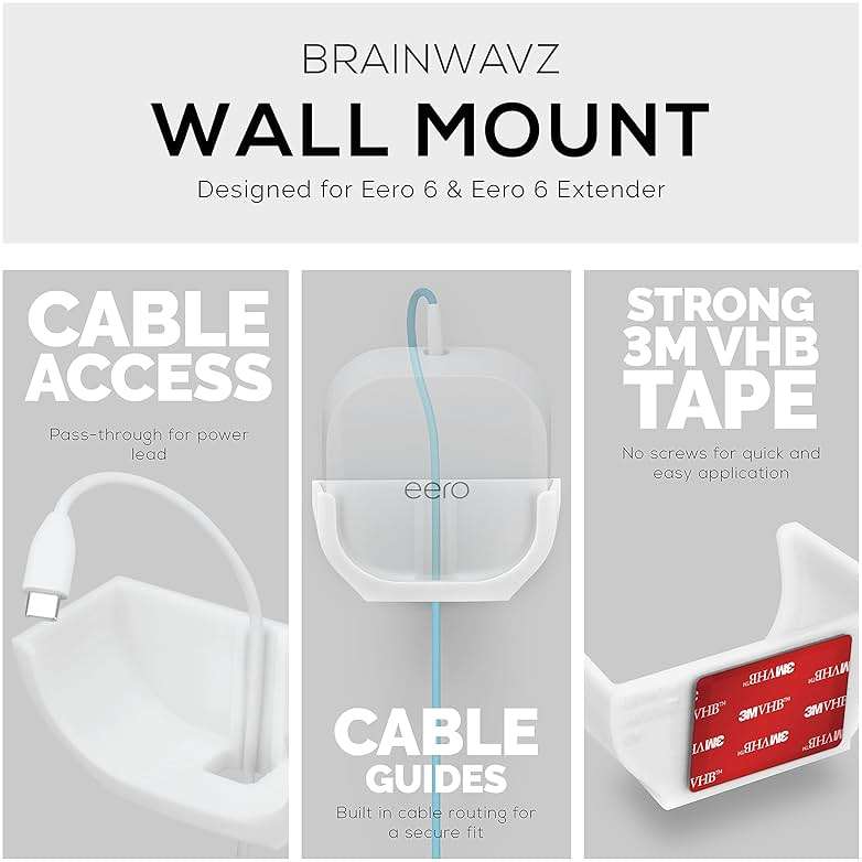 Screwless Wall Mount for Eero 6 Mesh WiFi Holder, Custom Design (NOT Compatible with Eero Pro 6 / Beacon), Strong VHB Adhesive, No Tools, No Mess, White by Brainwavz - Image 2
