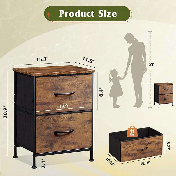 WLIVE Night Stand, Small Dresser with 2 Drawers & Wooden Top, Nightstand with Fabric Bins, Bedside Table End Table for Bedroom, Closet, Entryway, College Dorm, Rustic Brown - Image 3