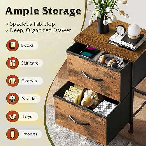 WLIVE Night Stand, Small Dresser with 2 Drawers & Wooden Top, Nightstand with Fabric Bins, Bedside Table End Table for Bedroom, Closet, Entryway, College Dorm, Rustic Brown - Image 4
