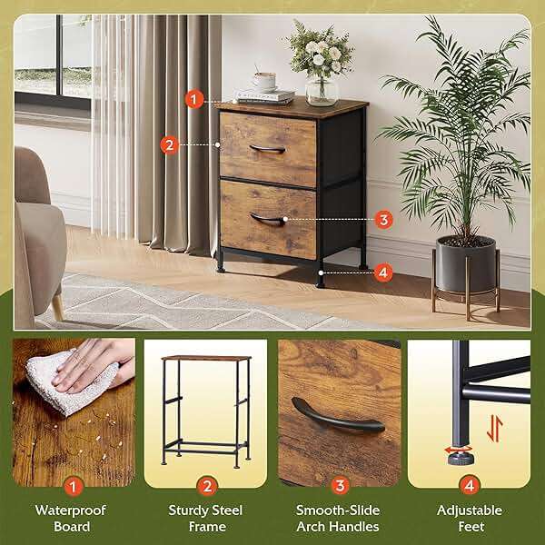 WLIVE Night Stand, Small Dresser with 2 Drawers & Wooden Top, Nightstand with Fabric Bins, Bedside Table End Table for Bedroom, Closet, Entryway, College Dorm, Rustic Brown - Image 5