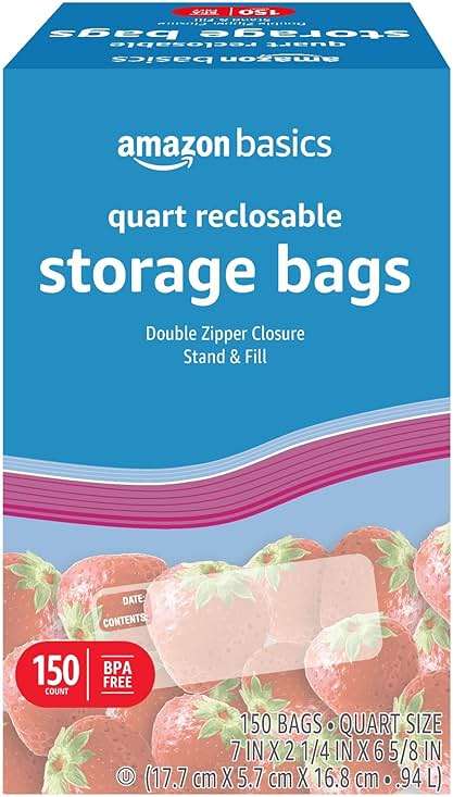 Amazon Basics Reclosable Quart Food Storage Bags with Double Zipper Seal, BPA Free, 150 Count - Image 1