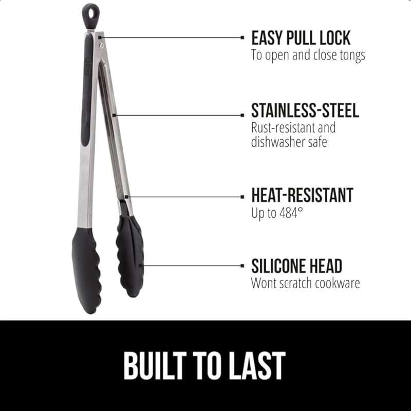 GORILLA GRIP Stainless Steel Heat Resistant Kitchen Tongs for Cooking, Set of 2 BBQ Tong, Non Scratch Silicone Tip for Pans, Strong Grip, Grab Food, Toss Salad, Air Fryer, Pull Lock, 7 + 9 Inch, Black - Image 2