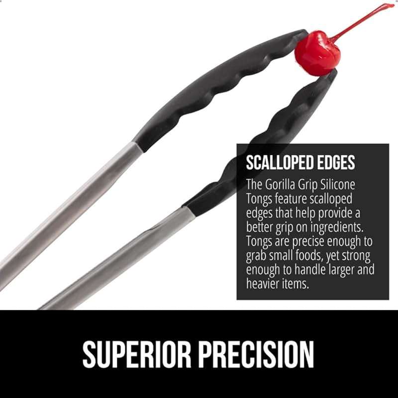 GORILLA GRIP Stainless Steel Heat Resistant Kitchen Tongs for Cooking, Set of 2 BBQ Tong, Non Scratch Silicone Tip for Pans, Strong Grip, Grab Food, Toss Salad, Air Fryer, Pull Lock, 7 + 9 Inch, Black - Image 3