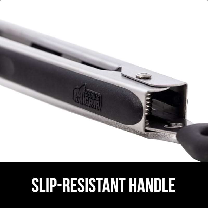 GORILLA GRIP Stainless Steel Heat Resistant Kitchen Tongs for Cooking, Set of 2 BBQ Tong, Non Scratch Silicone Tip for Pans, Strong Grip, Grab Food, Toss Salad, Air Fryer, Pull Lock, 7 + 9 Inch, Black - Image 4
