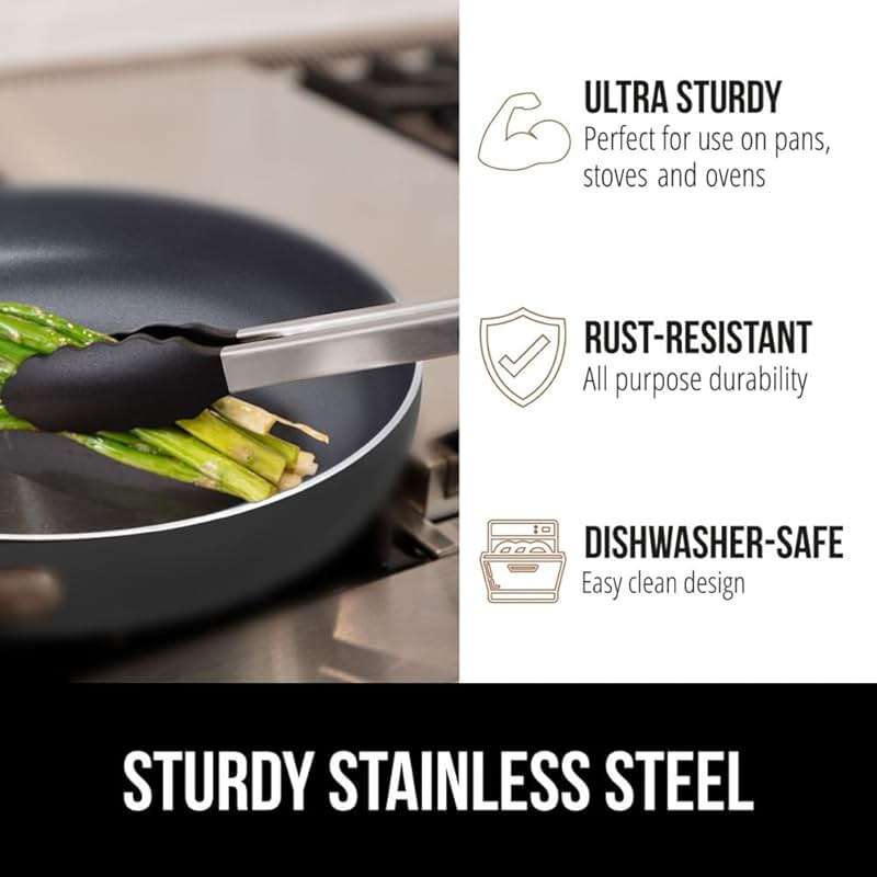 GORILLA GRIP Stainless Steel Heat Resistant Kitchen Tongs for Cooking, Set of 2 BBQ Tong, Non Scratch Silicone Tip for Pans, Strong Grip, Grab Food, Toss Salad, Air Fryer, Pull Lock, 7 + 9 Inch, Black - Image 5