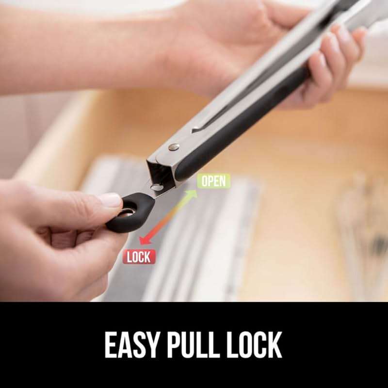 GORILLA GRIP Stainless Steel Heat Resistant Kitchen Tongs for Cooking, Set of 2 BBQ Tong, Non Scratch Silicone Tip for Pans, Strong Grip, Grab Food, Toss Salad, Air Fryer, Pull Lock, 7 + 9 Inch, Black - Image 6