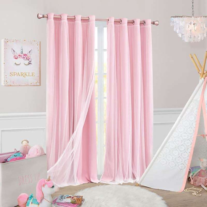 SOFJAGETQ Pink Blackout Curtains with Lace Hems Sheer Overlay, 2 Panels, Thermal Insulated & Soundproof, Room Darkening, Living Room, Bedroom - Modern Elegant Romanntic Pink Drapes, 52x84 Inches - Image 4