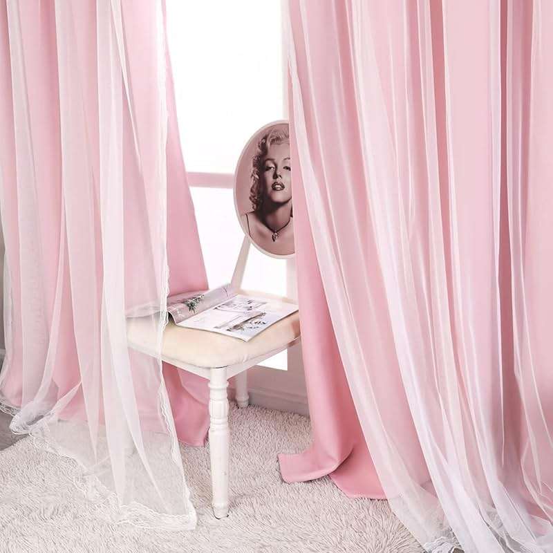 SOFJAGETQ Pink Blackout Curtains with Lace Hems Sheer Overlay, 2 Panels, Thermal Insulated & Soundproof, Room Darkening, Living Room, Bedroom - Modern Elegant Romanntic Pink Drapes, 52x84 Inches - Image 5