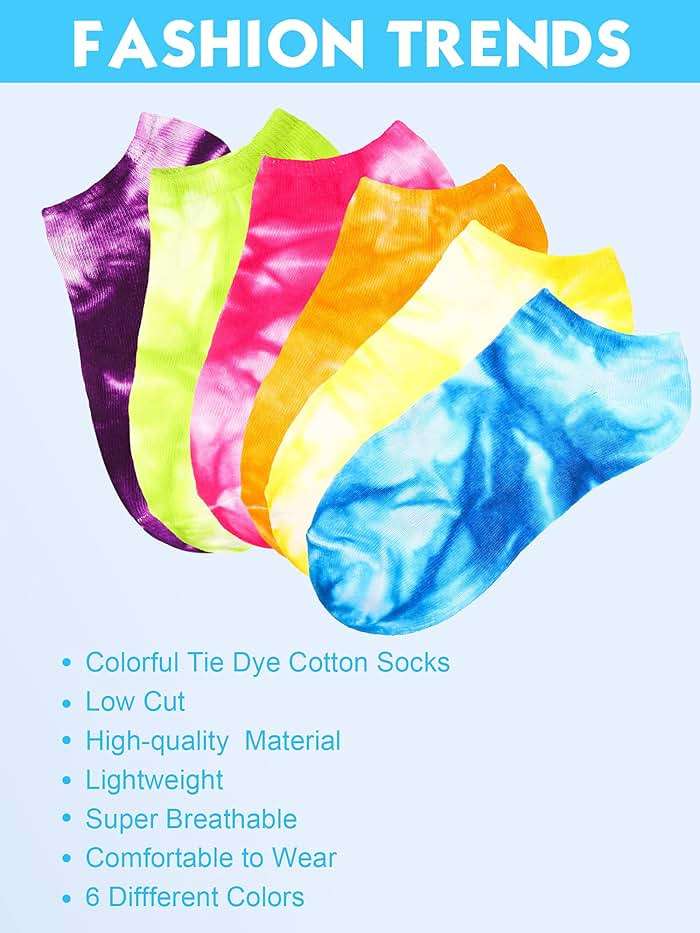 SATINIOR 6 Pair Tie Dye Sock No Show Ankle Sock for Women Men, Color Random - Image 5