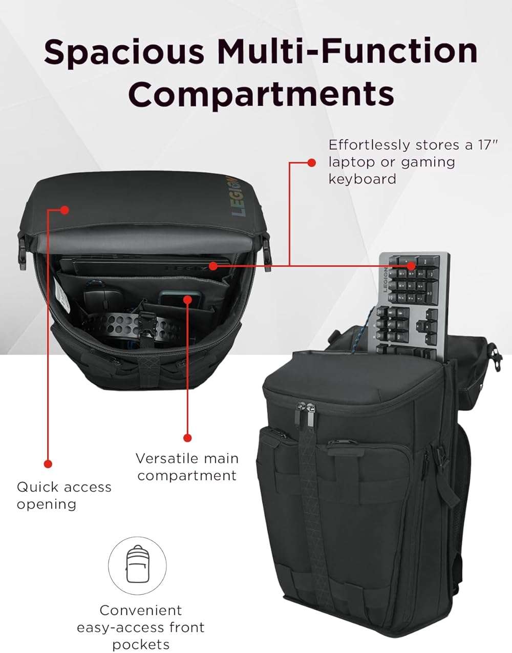 Lenovo Legion Active 17-inch Gaming Backpack - Black - Laptop Compartment - Durable & Water Resistant - Water Bottle Pocket - Image 5