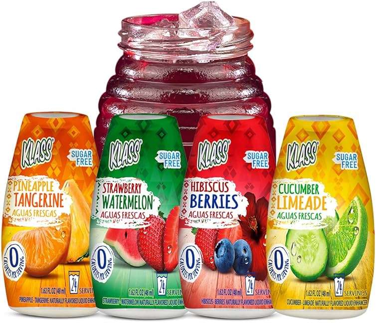 Klass Aguas Frescas | Liquid Water Enhancer | Classic Variety Pack | Flavors: Cucumber Limeade Strawberry Watermelon Hibiscus Berries & Pineapple Tangerine | Naturally Flavored | Sugar Free | Zero Calories Per Serving | Keto | 4 Bottles, Makes 96 Drinks - Image 1