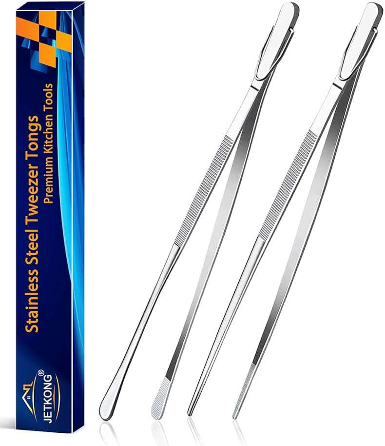 JETKONG 2 Pcs 12-Inch Kitchen Tweezers Fine Tweezer Tongs, Extra-Long Stainless Steel Cooking Tweezers (Silver) - Image 1