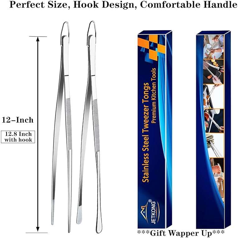 JETKONG 2 Pcs 12-Inch Kitchen Tweezers Fine Tweezer Tongs, Extra-Long Stainless Steel Cooking Tweezers (Silver) - Image 7