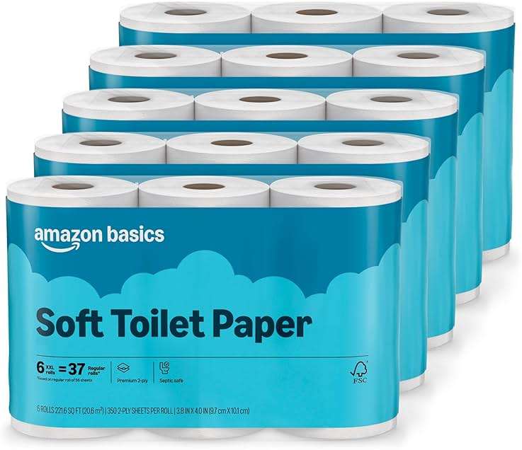 Amazon Basics 2-Ply Soft Toilet Paper, 30 Rolls (5 Packs of 6), 350 Sheets per Roll, Septic Safe, Equivalent to 185 Regular Rolls - Image 1